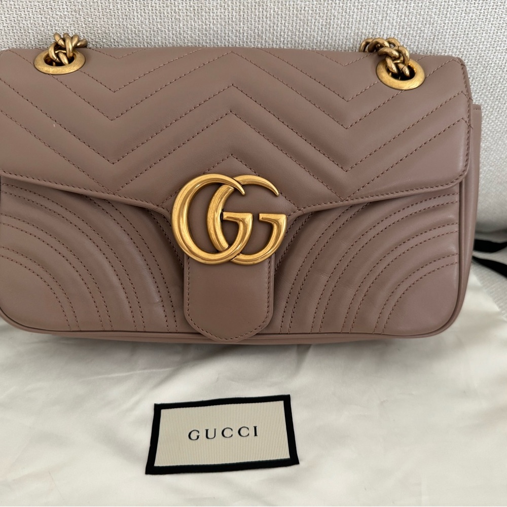 Gucci Tan and Gold Crossbody Bag with Chevron Design and Gold Chain Strap